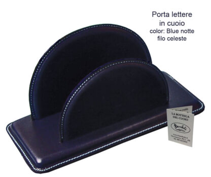 porta lettere in cuoio, color blue notte, cucito con filo celeste