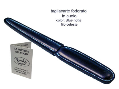 tagliacarte foderato in cuoio, color blue notte, cucito con filo celeste