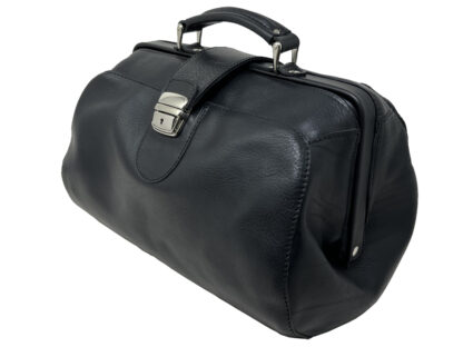 Borsa da medico in cuoio volanato nero, manico in cuoio piatto