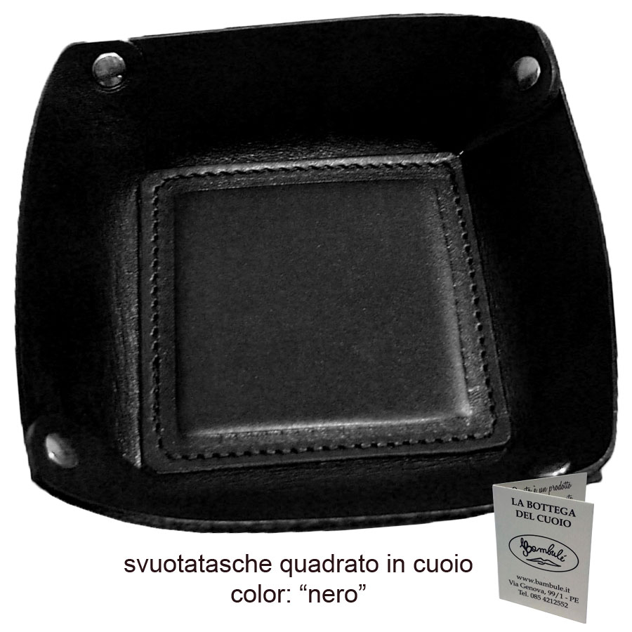 Svuotatasche quadrato in cuoio nero da 2,5 mm di spessore, angoli fissati con rivetti
