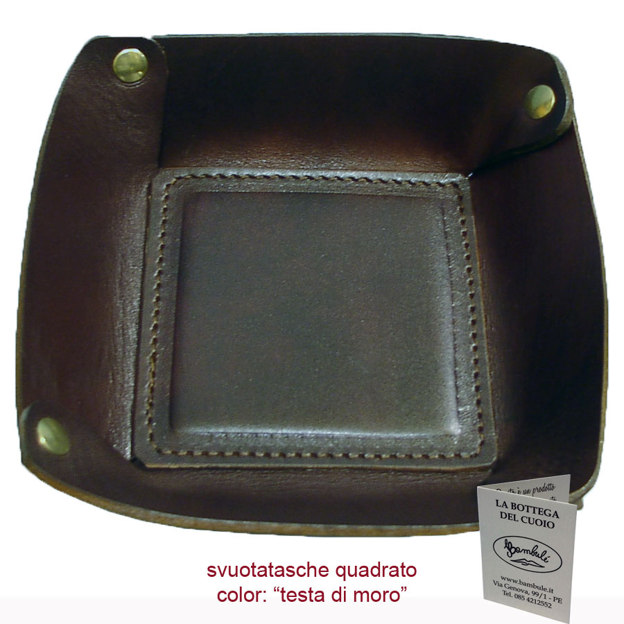 Svuotatasche quadrato in cuoio color testa di moro da 2,5 mm di spessore, angoli fissati con rivetti